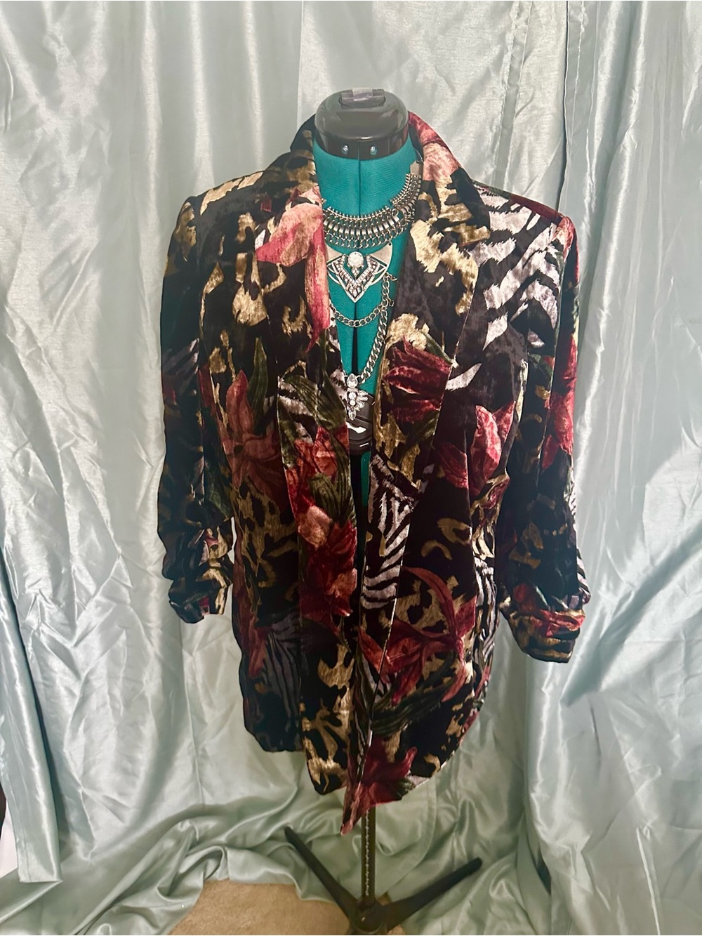 Chico's Velvet Floral & Animal-Print Jacket in Blush, Black, Gold & Green